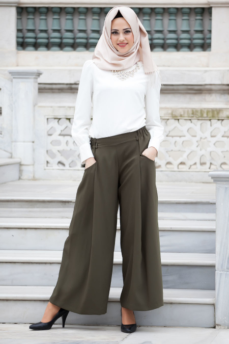 Neva Style - Oil Green Hijab Trousers 9054YY