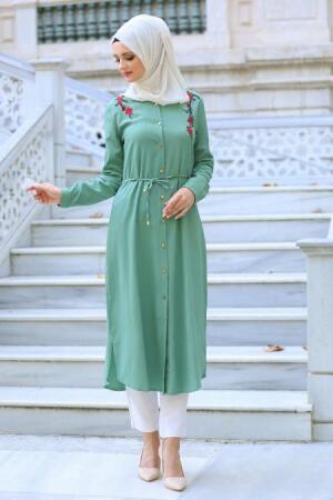 Neva Style - Omuzları Çiçek Nakışlı Çağla Yeşili Tesettür Tunik 52250CY - 1