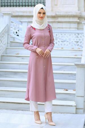 Neva Style - Omuzları Çiçek Nakışlı Gül Kurusu Tesettür Tunik 52250GK - 1