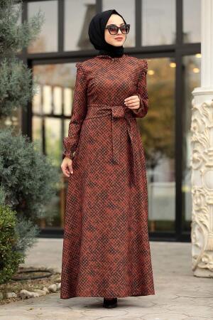 Neva Style - Omuzları Detaylı Desenli Kiremit Tesettür Elbise 15141KRMT - 1