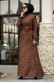 Neva Style - Omuzları Detaylı Desenli Taba Tesettür Elbise 15141TB - Thumbnail