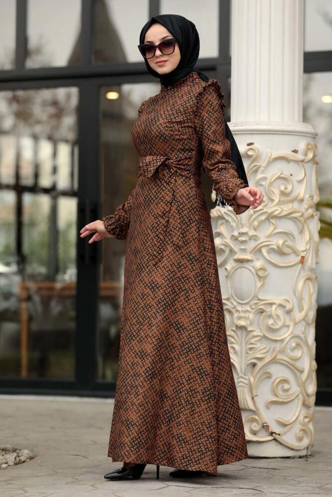 Neva Style - Omuzları Detaylı Desenli Taba Tesettür Elbise 15141TB - 2