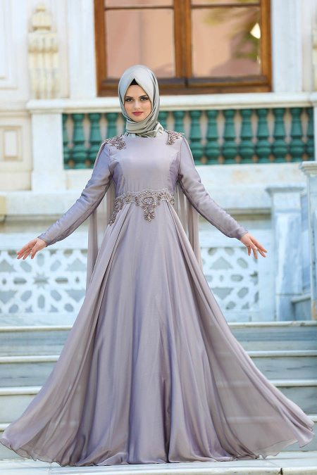 Neva Style - Omuzları Detaylı Gri Tesettür Abiye Elbise 3500GR