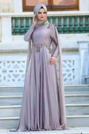 Neva Style - Omuzları Detaylı Gri Tesettür Abiye Elbise 3500GR - Thumbnail