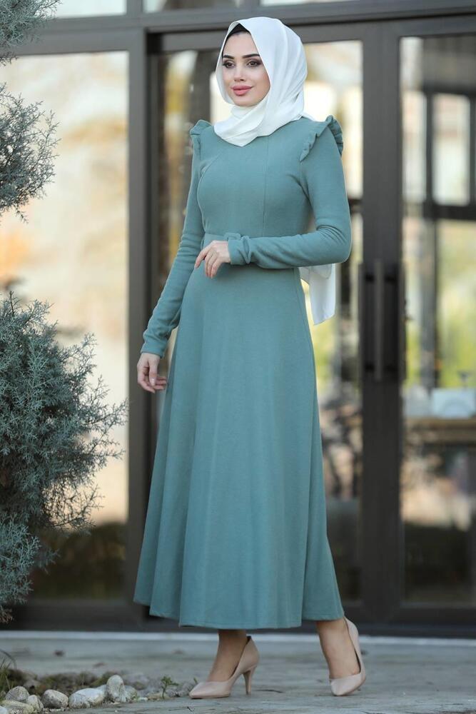Neva Style - Omuzları Detaylı Mint Tesettür Elbise 22159MINT - 1