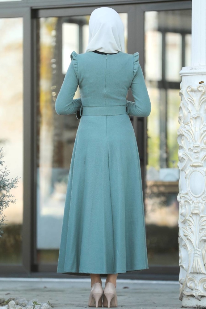 Neva Style - Omuzları Detaylı Mint Tesettür Elbise 22159MINT - 3