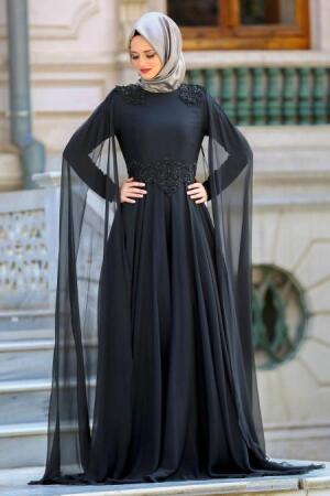 Neva Style - Omuzları Detaylı Siyah Tesettür Abiye Elbise 3500S - 1