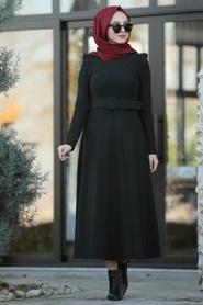 Neva Style - Omuzları Detaylı Siyah Tesettür Elbise 22159S - Thumbnail