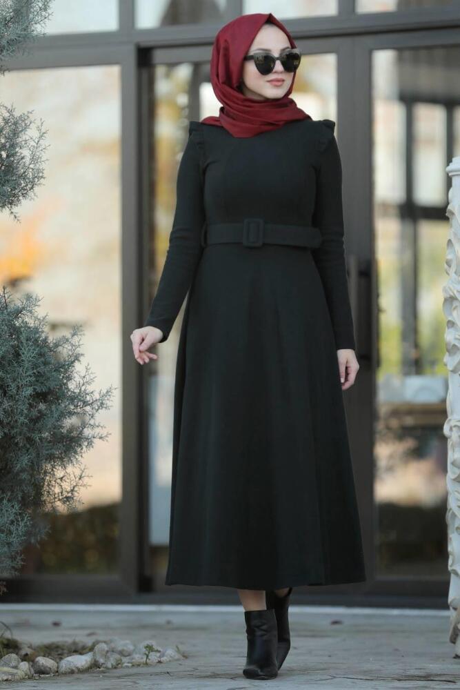Neva Style - Omuzları Detaylı Siyah Tesettür Elbise 22159S - 1