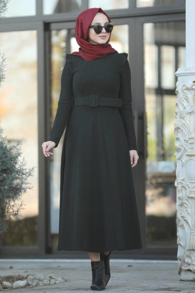 Neva Style - Omuzları Detaylı Siyah Tesettür Elbise 22159S - 2