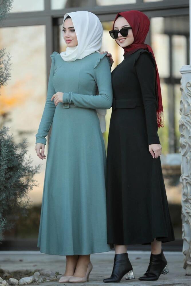 Neva Style - Omuzları Detaylı Siyah Tesettür Elbise 22159S - 3