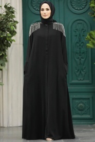 Neva Style - Omuzları Detaylı Siyah Tesettür Ferace 378500S - Thumbnail