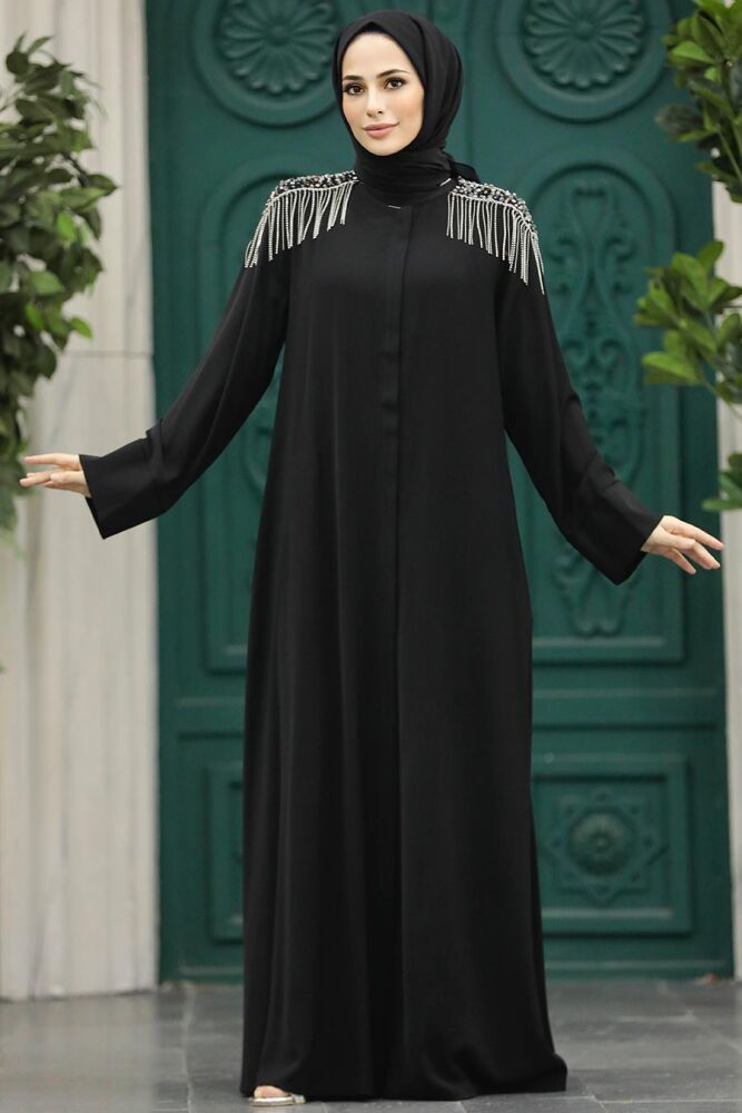  Omuzları Detaylı Siyah Tesettür Ferace 378500S - 2