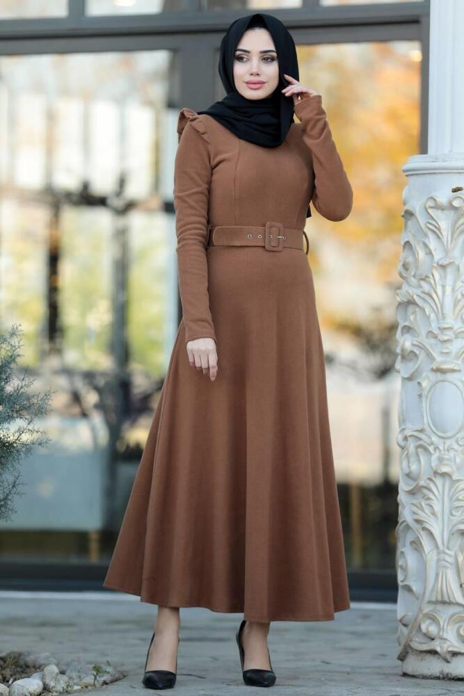Neva Style - Omuzları Detaylı Taba Tesettür Elbise 22159TB - 1