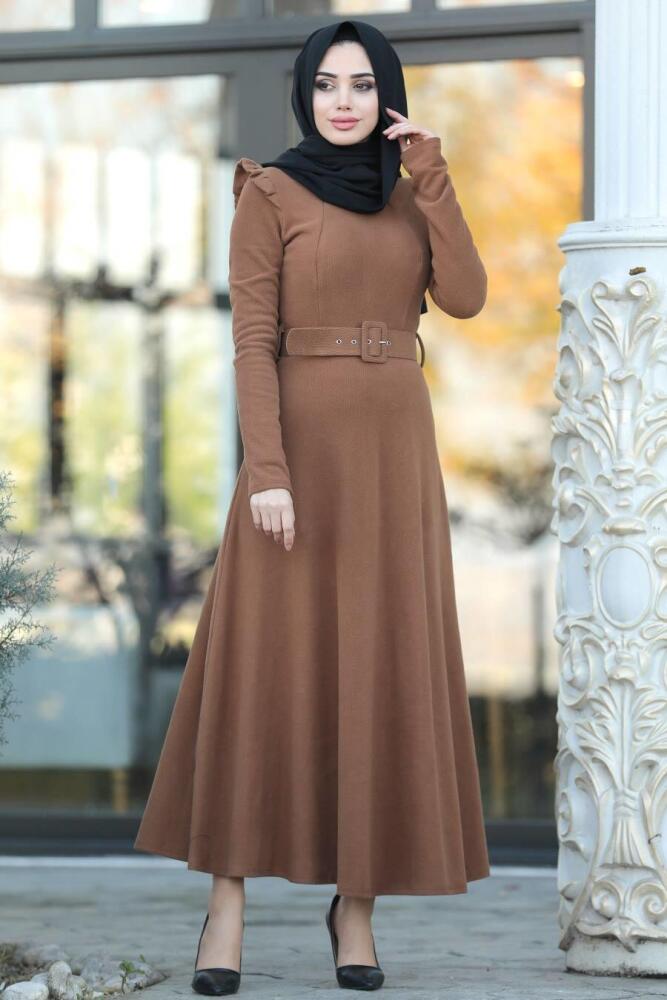 Neva Style - Omuzları Detaylı Taba Tesettür Elbise 22159TB - 2