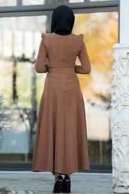 Neva Style - Omuzları Detaylı Taba Tesettür Elbise 22159TB - Thumbnail