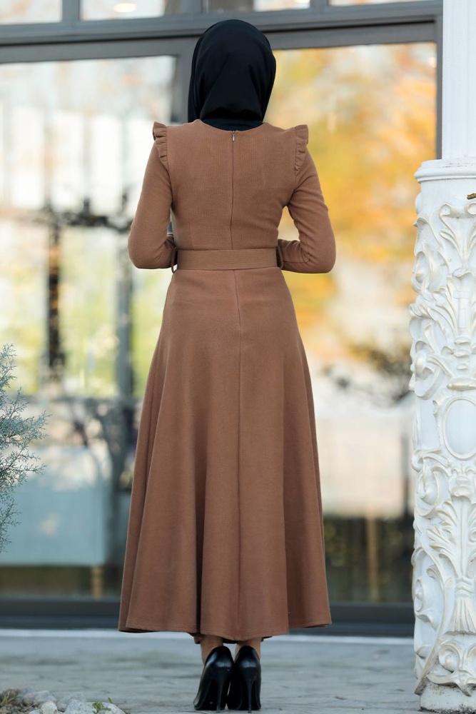 Neva Style - Omuzları Detaylı Taba Tesettür Elbise 22159TB - 3