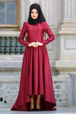 Neva Style - Omuzları Püsküllü Bordo Tesettür Abiye Elbise 3543BR - 1