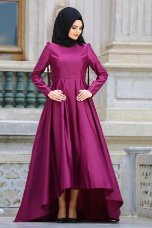 Neva Style - Omuzları Püsküllü Mürdüm Tesettür Abiye Elbise 3543MU - 1