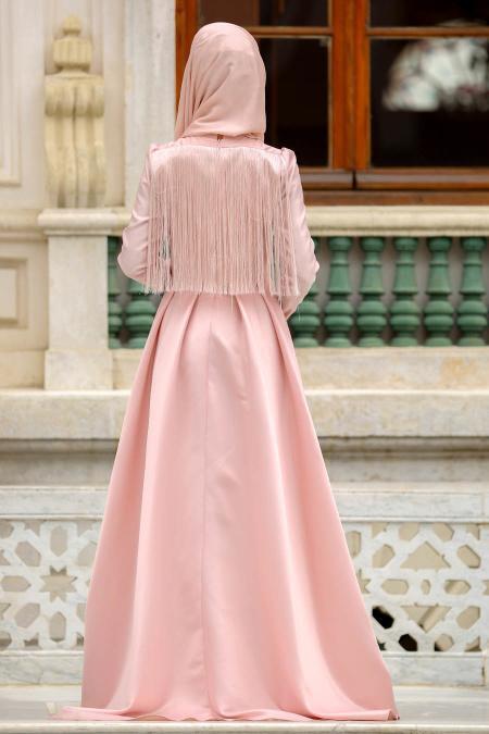 Neva Style - Omuzları Püsküllü Pudra Tesettür Abiye Elbise 3543PD - 3