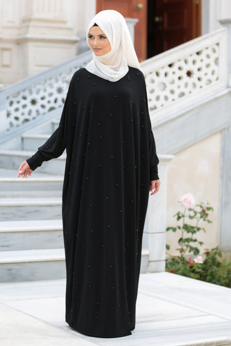 Neva Style - Önü Boncuk Detaylı Siyah Tesettür Elbise 208S
