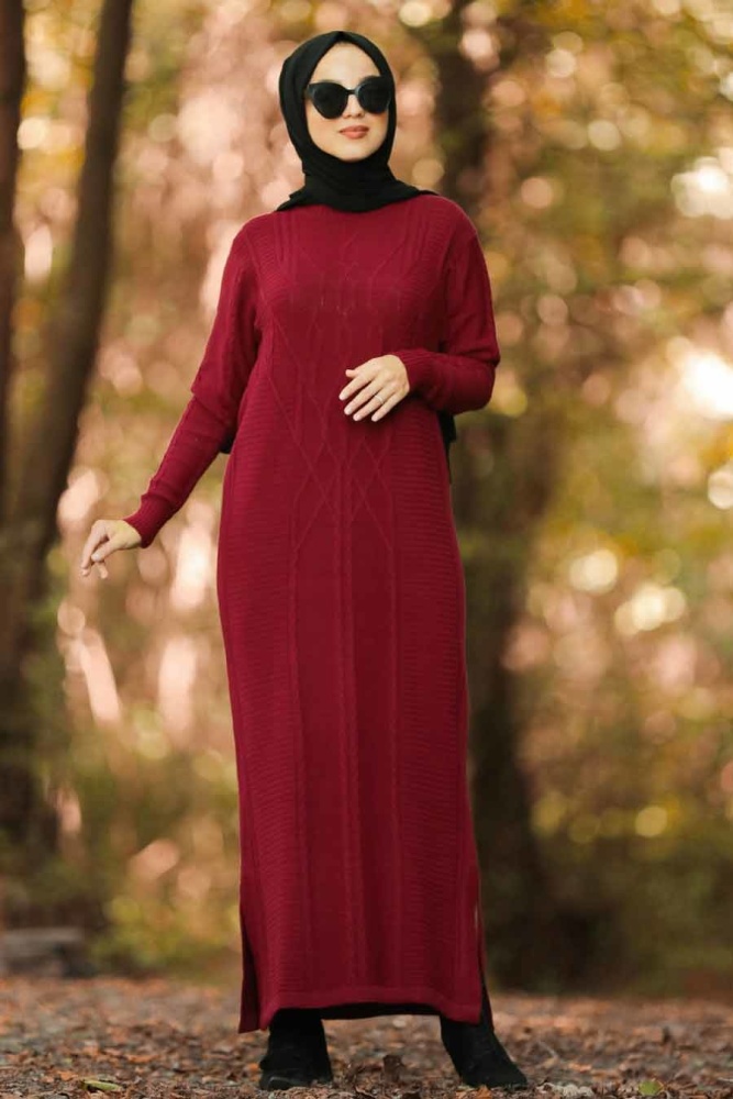 Neva Style - Önü Desenli Bordo Tesettür Triko Elbise 1048BR - 1