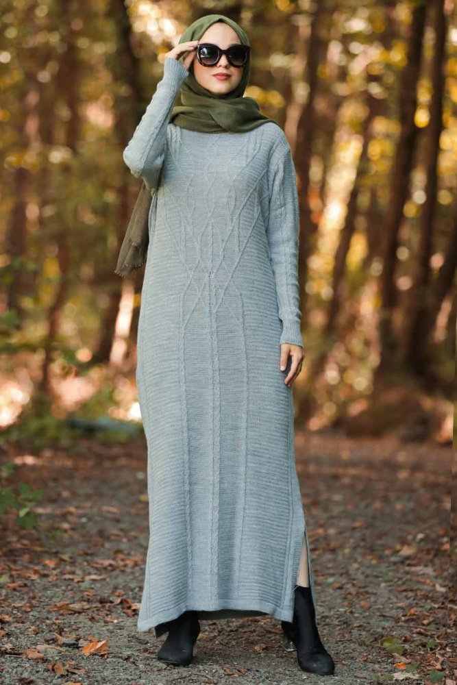 Neva Style - Önü Desenli Gri Tesettür Triko Elbise 1048GR - 1