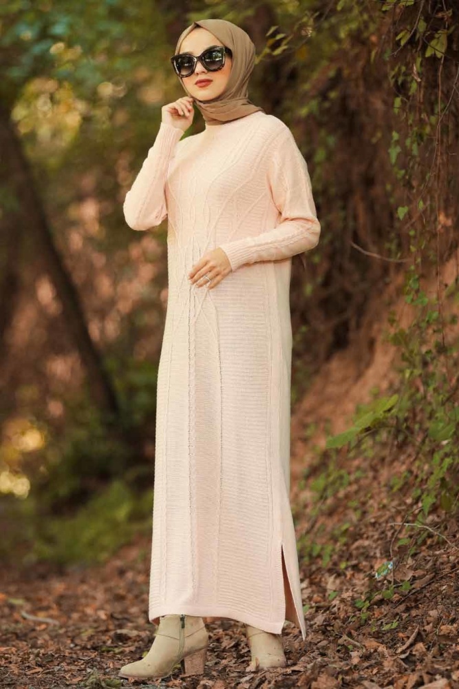 Neva Style - Önü Desenli Pudra Tesettür Triko Elbise 1048PD - 1