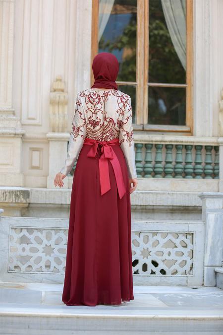 Neva Style - Önü Etnik Desen İşlemeli Bordo Tesettürlü Abiye Elbise 2727BR - 2