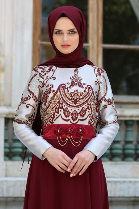 Neva Style - Önü Etnik Desen İşlemeli Bordo Tesettürlü Abiye Elbise 2727BR - 3