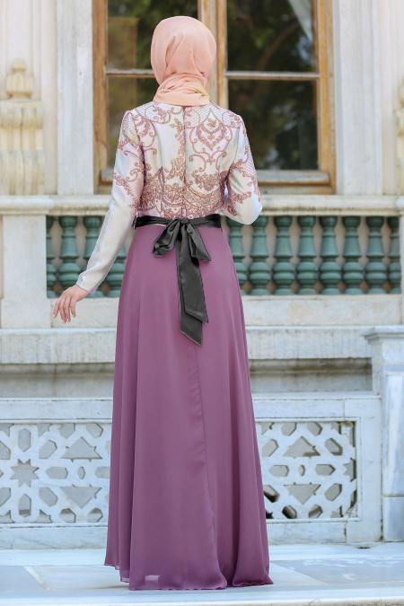 Neva Style - Önü Etnik Desen İşlemeli Gül Kurusu Tesettürlü Abiye Elbise 2727GK - 2