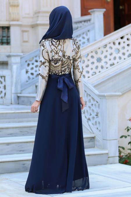 Neva Style - Önü Etnik Desen İşlemeli Lacivert Tesettürlü Abiye Elbise 2727L - 2