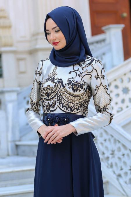 Neva Style - Önü Etnik Desen İşlemeli Lacivert Tesettürlü Abiye Elbise 2727L - 3