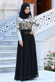 Neva Style - Önü Etnik Desen İşlemeli Siyah Tesettürlü Abiye Elbise 2727S - Thumbnail