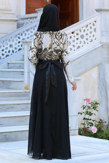 Neva Style - Önü Etnik Desen İşlemeli Siyah Tesettürlü Abiye Elbise 2727S - 2