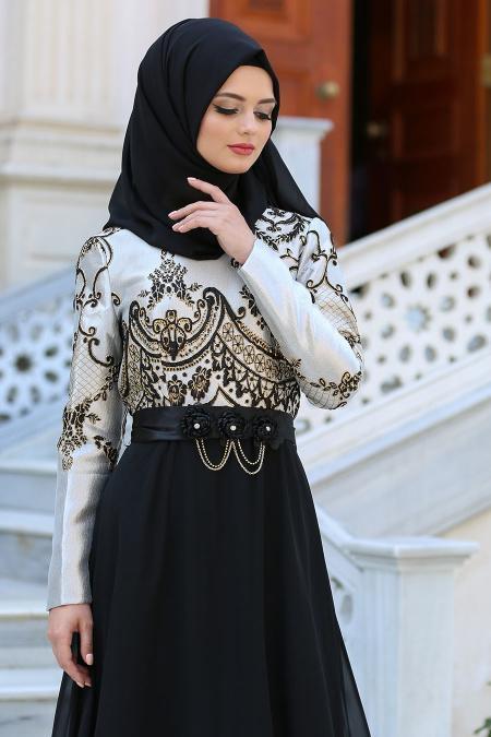 Neva Style - Önü Etnik Desen İşlemeli Siyah Tesettürlü Abiye Elbise 2727S - 3