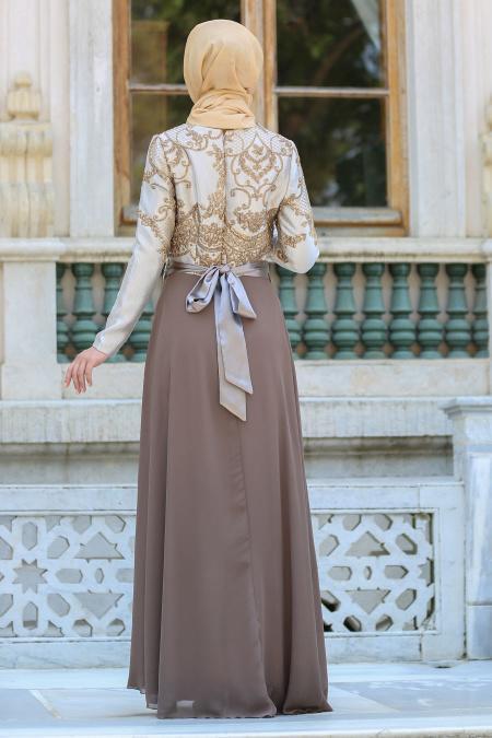 Neva Style - Önü Etnik Desen İşlemeli Vizon Tesettürlü Abiye Elbise 2727V - 2