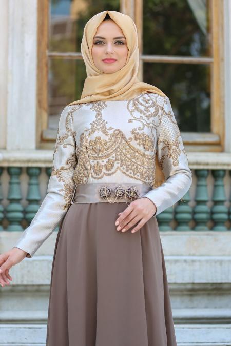 Neva Style - Önü Etnik Desen İşlemeli Vizon Tesettürlü Abiye Elbise 2727V - 3