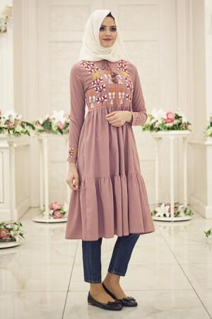 Neva Style - Önü Nakışlı Gül Kuru Tesettür Tunik 52180GK - 1