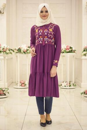 Neva Style - Önü Nakışlı Mürdüm Tesettür Tunik 52180MU - 1