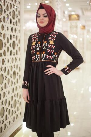 Neva Style - Önü Nakışlı Siyah Tesettür Tunik 52180S - 1