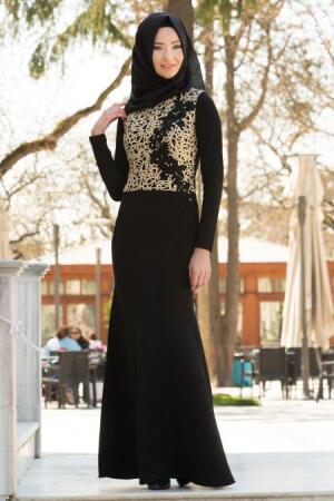 Neva Style - Önü Payet Detaylı Siyah Tesettür Abiye Elbise 10072S - 1