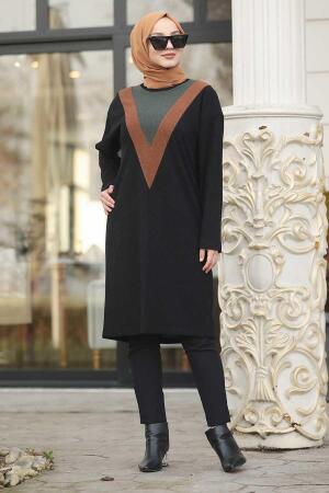 Neva Style - Önü V Detaylı Siyah Tesettür Triko Tunik 12032S - 1