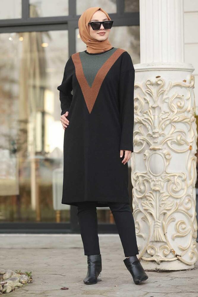 Neva Style - Önü V Detaylı Siyah Tesettür Triko Tunik 12032S - 1