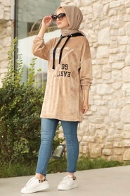 Neva Style - Önü Yazılı Bej Tesettür Kadife Sweatshirt & Tunik 41501BEJ - Thumbnail
