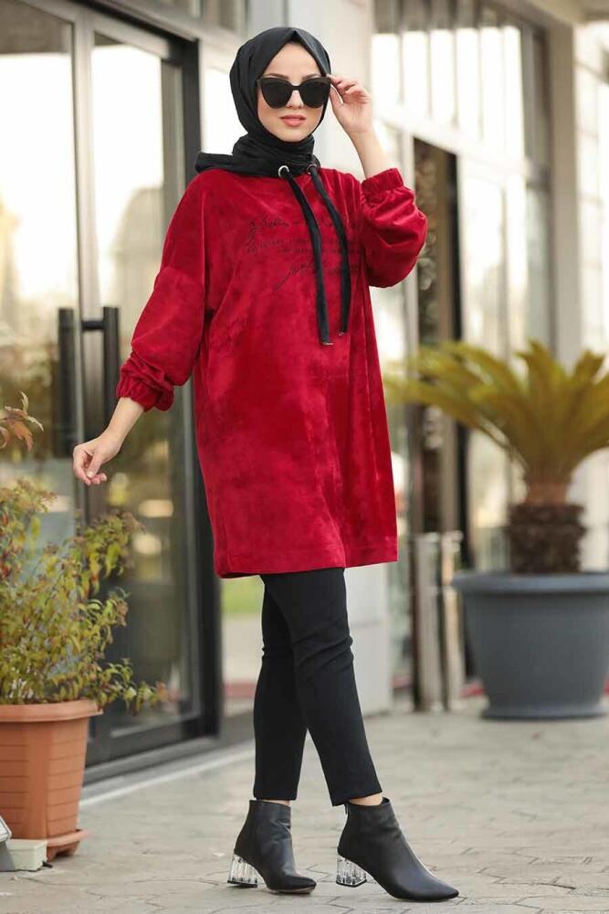 Neva Style - Önü Yazılı Bordo Tesettür Kadife Sweatshirt & Tunik 41421BR - 1