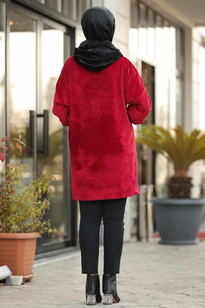 Neva Style - Önü Yazılı Bordo Tesettür Kadife Sweatshirt & Tunik 41421BR - 2