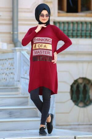 Neva Style - Önü Yazılı Bordo Tesettür Triko Tunik 15103BR - 1