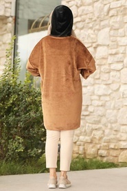 Neva Style - Önü Yazılı Camel Tesettür Kadife Sweatshirt & Tunik 41421C - Thumbnail