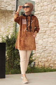 Neva Style - Önü Yazılı Camel Tesettür Kadife Sweatshirt & Tunik 41501C - Thumbnail